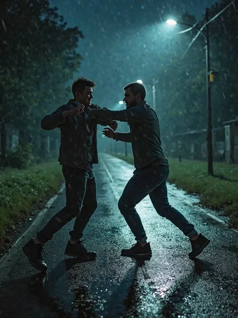 Create the realistic image of two young men fighting on a road at night. 