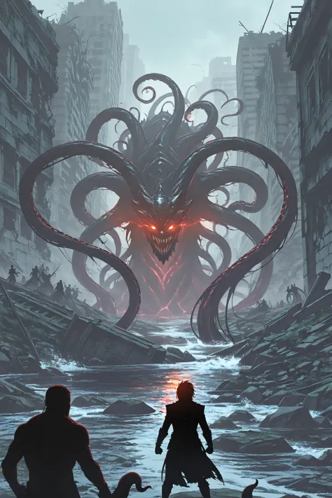 (super detailed:1.2, masterpiece:1.2, best quality:1.2, high res:1.2) two monster, human giant monster, tentacles monster, glowing eyes, ruins, building, silhouette, WAR OF THE MONSTERS, river, giant vs tentacles, Cosmic Horror, Megalophobia, battle, actio...