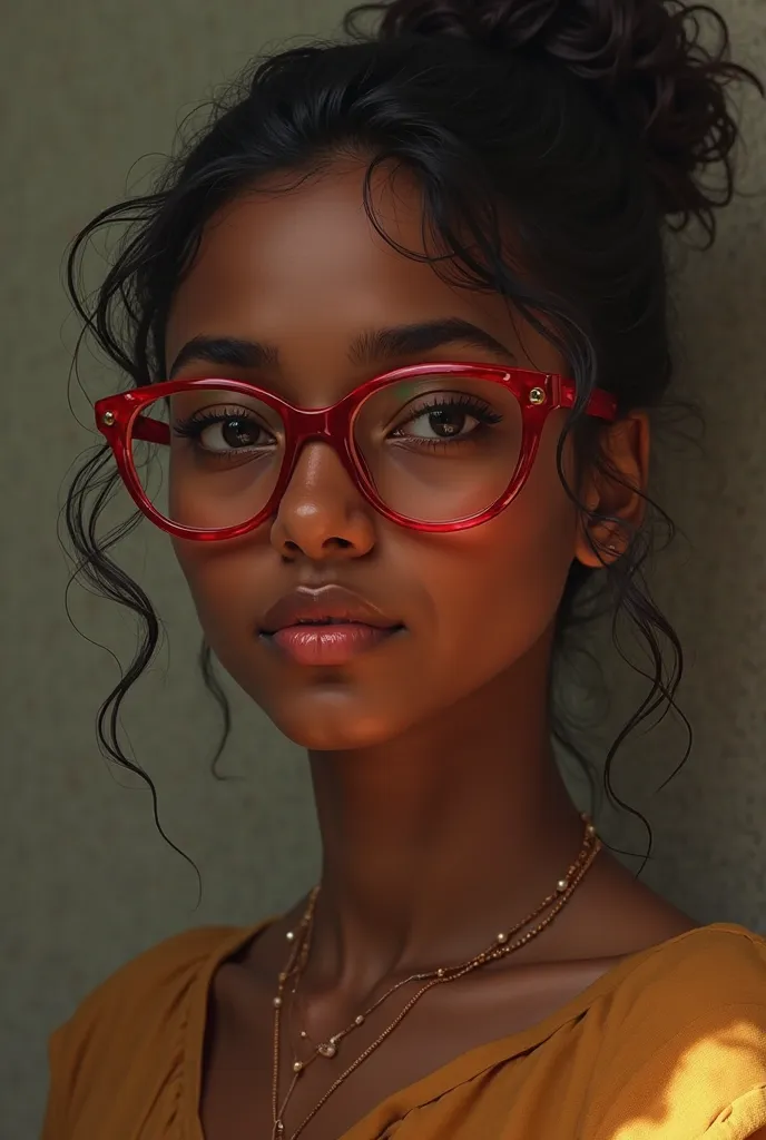 Brown jamaican girl with red framed glasses thinking and hair in ponytail