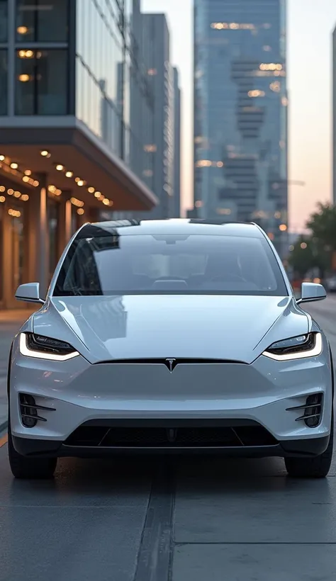 "A high-resolution, photorealistic image of a futuristic Tesla Model X electric SUV captured from the front view. The car features sleek, narrow LED headlights with a sharp, modern design, a smooth and aerodynamic hood, and Tesla’s signature grille-less fr...