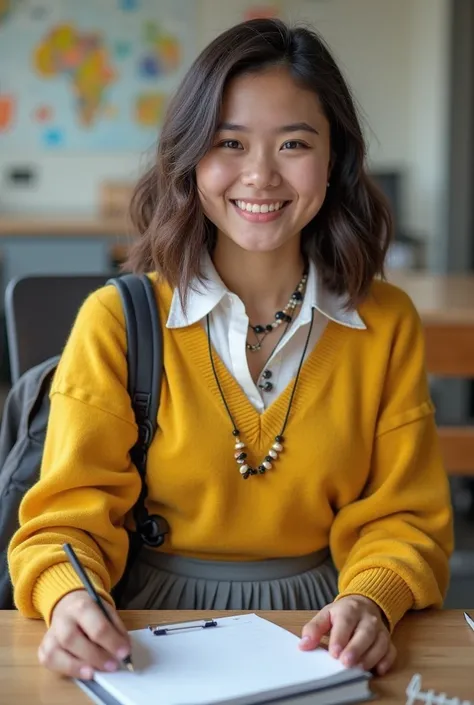 beautiful South American student sitting at her desk taking out a notebook from her backpack. Yellow sweater with gray pleated skirt and white shirt. Some accessories in the hair and neck. Bob Hairstyle. Friendly and smiling look.. .