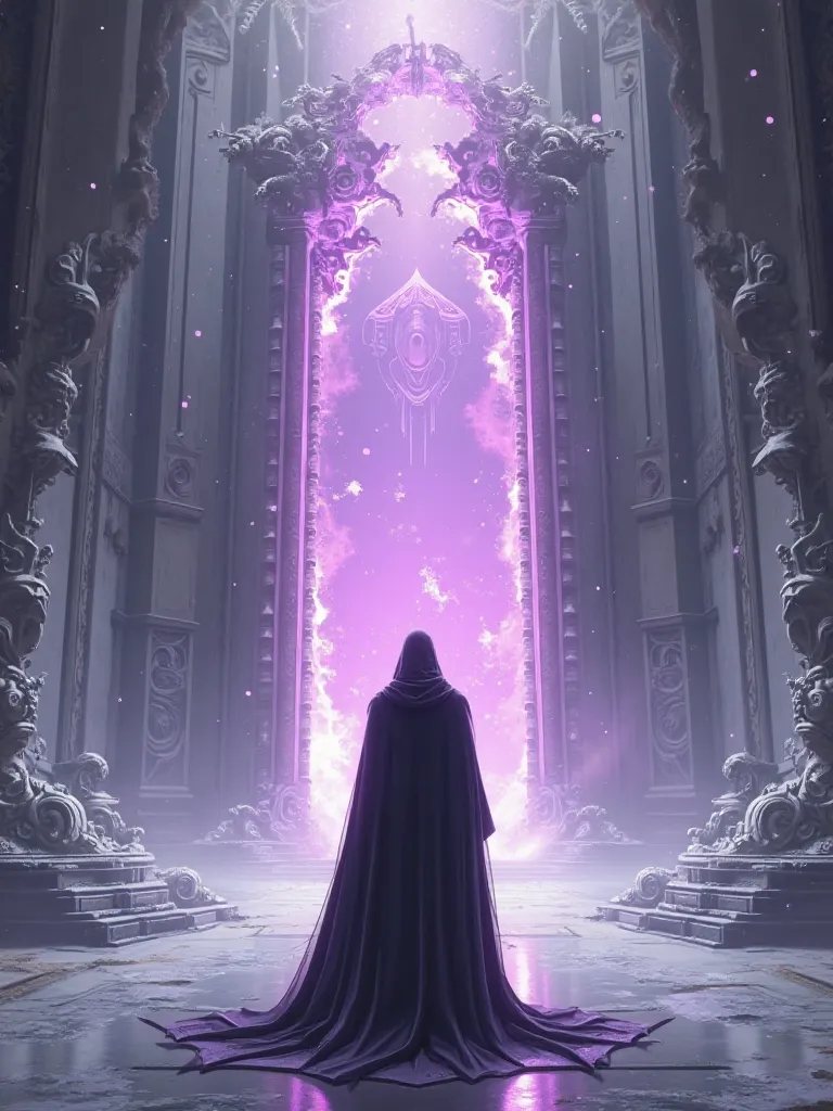 Create an image showing a white room filled with technological and magical objects, But dark , where in the center of the image a portal tears through reality, forming a deep purple color and in front of this portal with his back a priest in black armor lo...