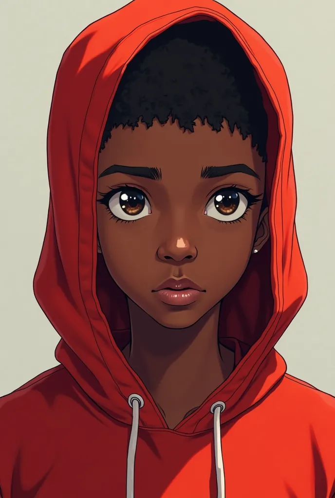 A 15-year-old black boy, Kuroko basketball style with a red hoodie, The image stops at his shoulders in a plain background