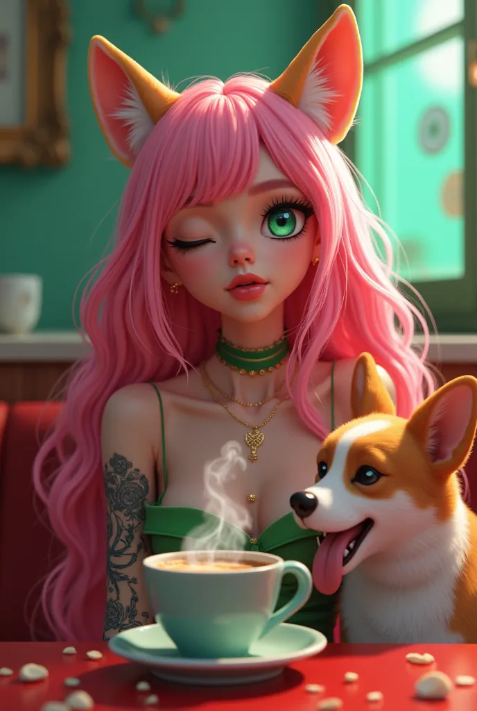  emerald green and red gradient background 、old cafe 、Femboy's long pink hair, One eye blinks、With an ecstatic look、green eyes。 Drink steaming coffee、Corgi dog sticking out his tattooed tongue