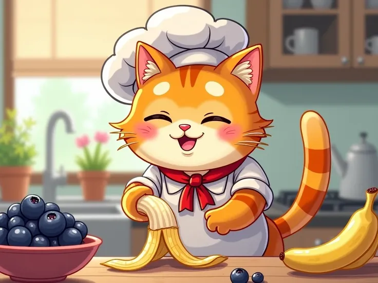 Super Chef Sunny cat like with an animal hat and peeling a banana and adding blueberries to a bowl, with a happy expression in a kitchen