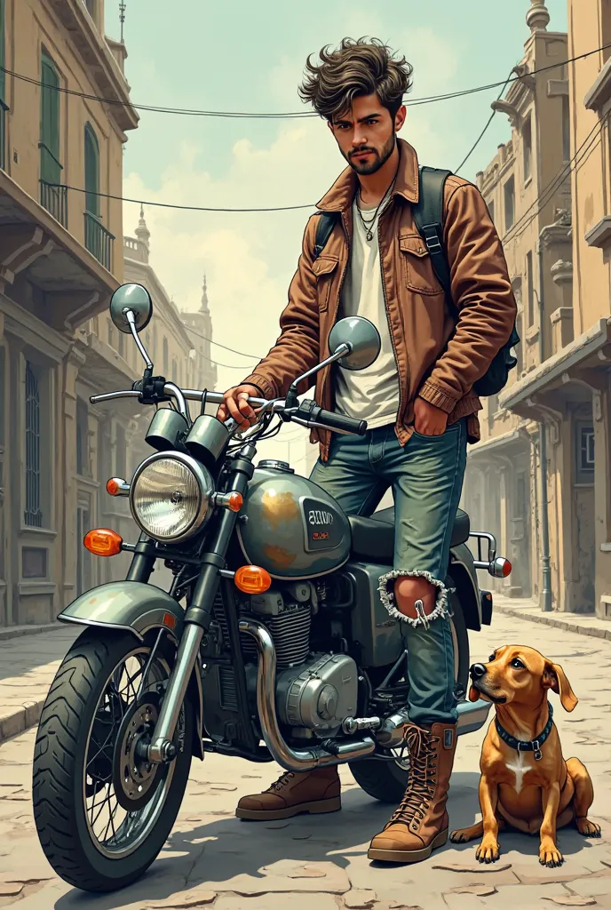 Create very high quality image, in drawing, Old comic book style, With a serious tone for motivational videos: a young man in sloppy clothes, ripped pants and biker boots, THOUGHTFUL, looking down, next to his old motorcycle scooter,  city background, And ...