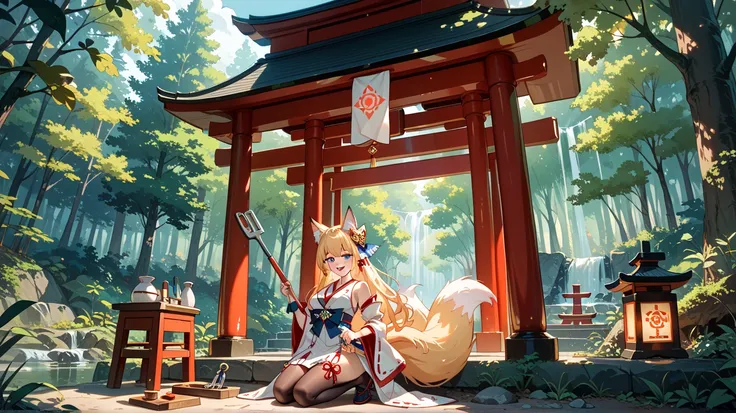 Fox ears girl　 shrine maiden costume　九尾のtail　tail　狐のtail　 　is young　５age　　mechanic　 mechanic　tool　