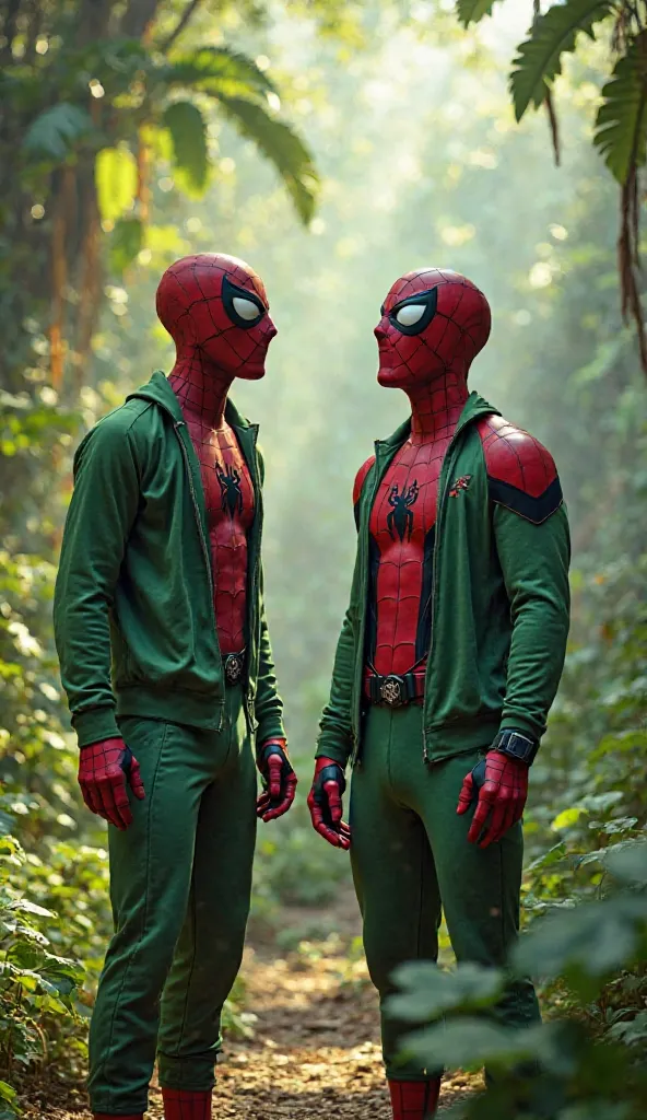 "Spider-Man and Deadpool are standing in a jungle clearing, wearing green tracksuits similar to Squid Game uniforms. They look ahead in shock and surprise, their expressions filled with curiosity and disbelief. The background is filled with lush green tree...