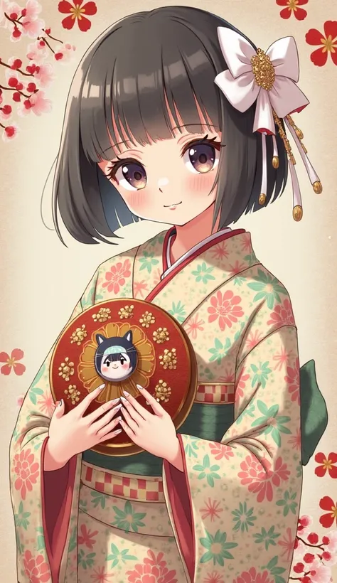 A delicate anime-style illustration of a young Japanese girl dressed in a vibrant, intricately patterned kimono. The kimono features a mix of geometric and floral patterns in soft pastel colors of pink, green, gold, and red, with a checkered obi sash tied ...