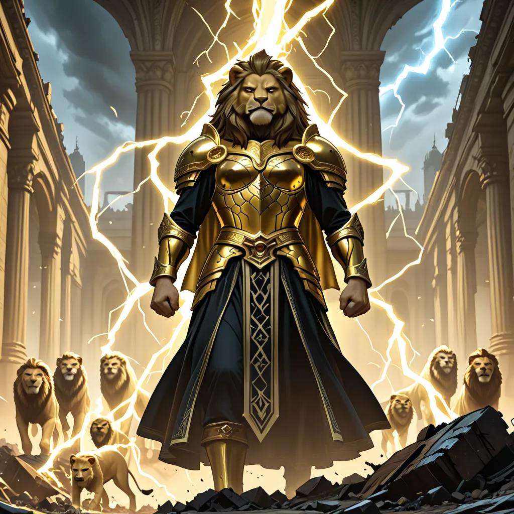 Anthropomorphic lion, standing, with short brown hair,  golden eyes, Terrible look,  evil smile, wearing an imposing golden armor based on Lion's Aiolia, golden shoulder pads with a small lion's head, scenery destroyed by lightning