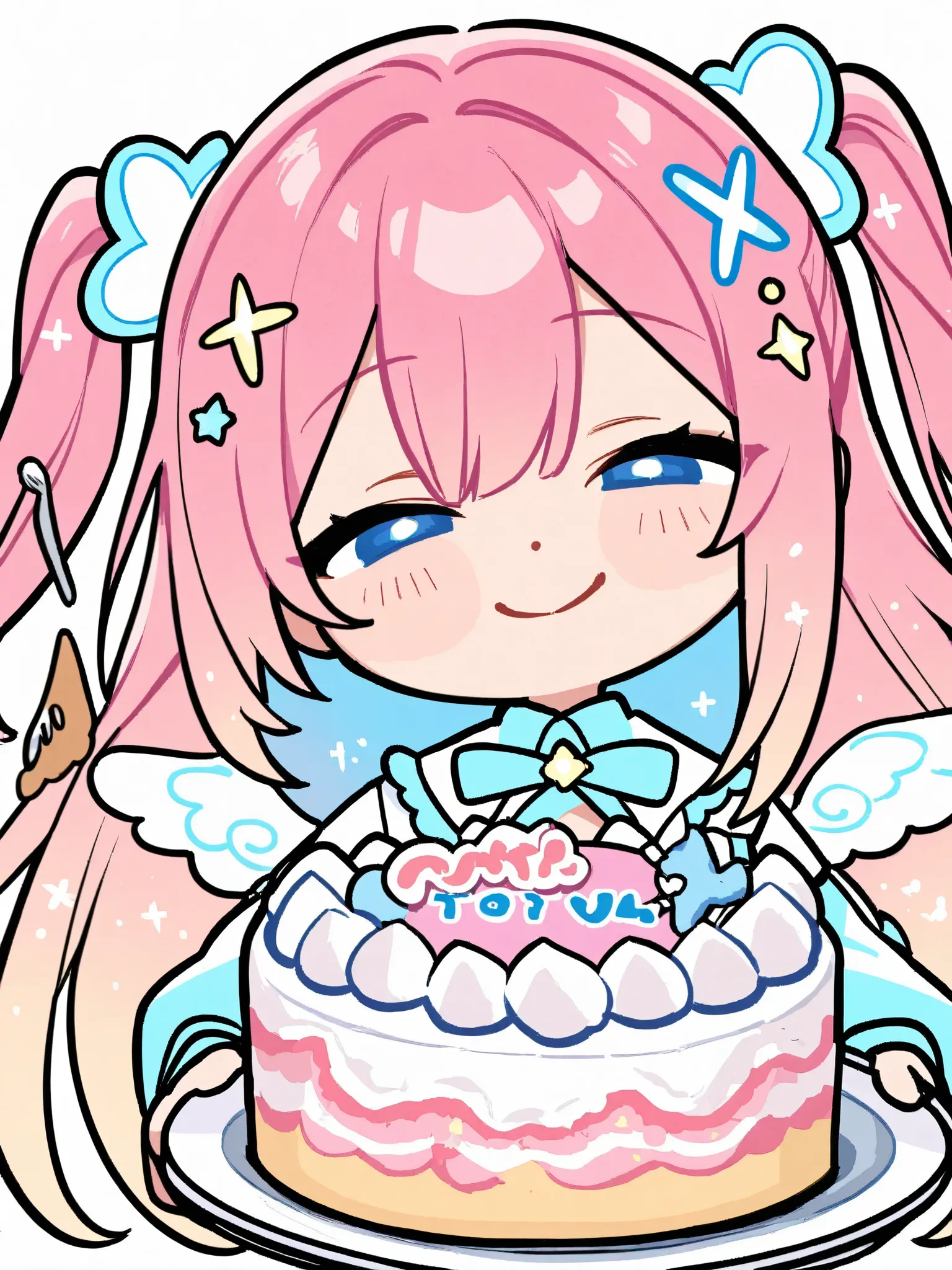 General,xxx667_illu,748cmstyle,trk,pop art, pop Art,Etching,best quality,highly detailed,chibi style,1girl,long pink hair,white and blue angelic outfit,small wings,holding cake and fork,smiling happily,celestial hair ornament,white background,playful mood,...