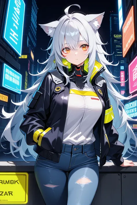 (masterpiece),(absurdres),(ultra detailed),(beautiful detailed),((solo lady),(28-year-old),(silver cat ears:1.1),(silver hair),(long hair:0.8),(messy hair:1.0),(Ahoge:0.9),(middle breast0.9),(()),(orange eyes),(()),(Jacket,jeans pants,)cyberpunk,signboard ...