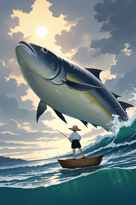 
An anime fisherman similar to the Roblox doll catching a giant fish on a boat on the high seas