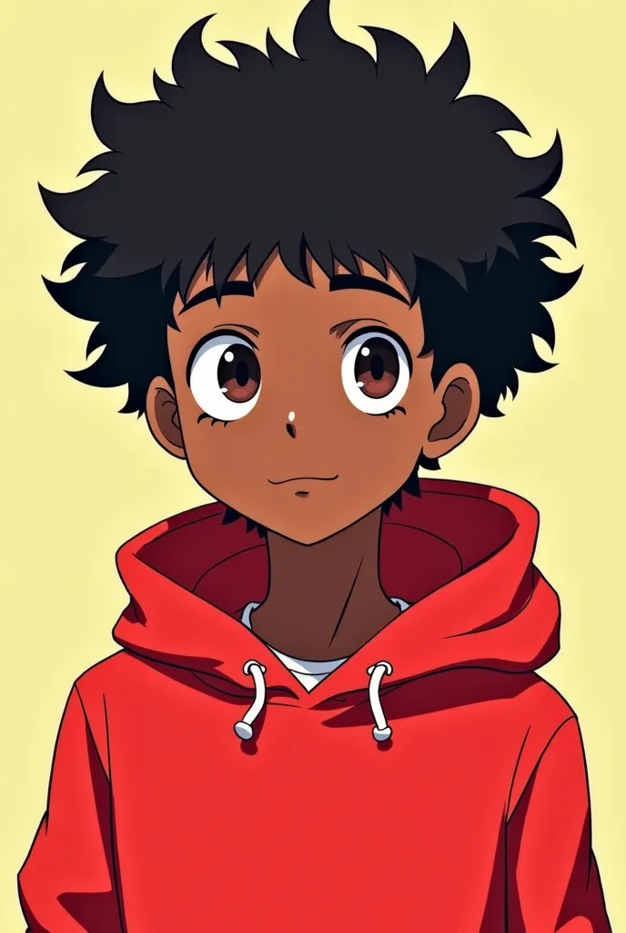 A 15-year-old black boy, Kuroko basketball style with a red hoodie, The image stops at her shoulders in a plain background with frizzy hair and a tap