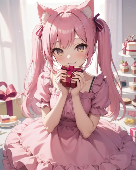 Best quality, high resolution, detailed, beautiful image quality, one girl, cute dress with frills, pink dress, pink hair, long twin tails, cat ears, lolicon feeling, smiling, elbows on table, hands on cheeks, lots of cakes and gift boxes in background, wh...