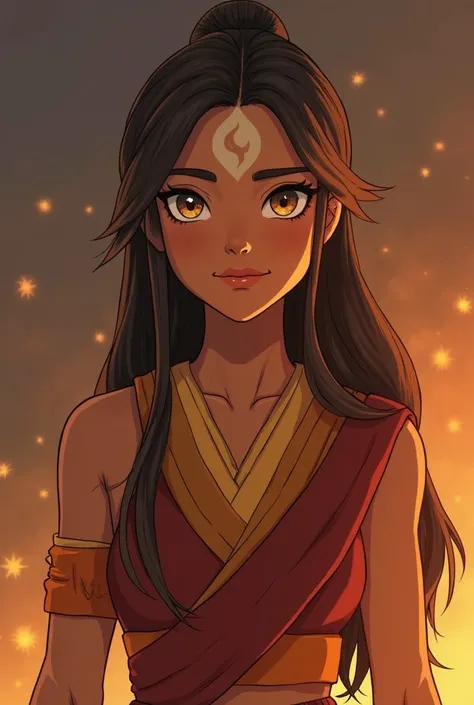  Create a character from the show Avatar. Have her be a female with white eyes and long brown with hints of ashy highlights. Make her skin tan. Make her from the fire nation. Make sure it is more cartoonish then realistic.