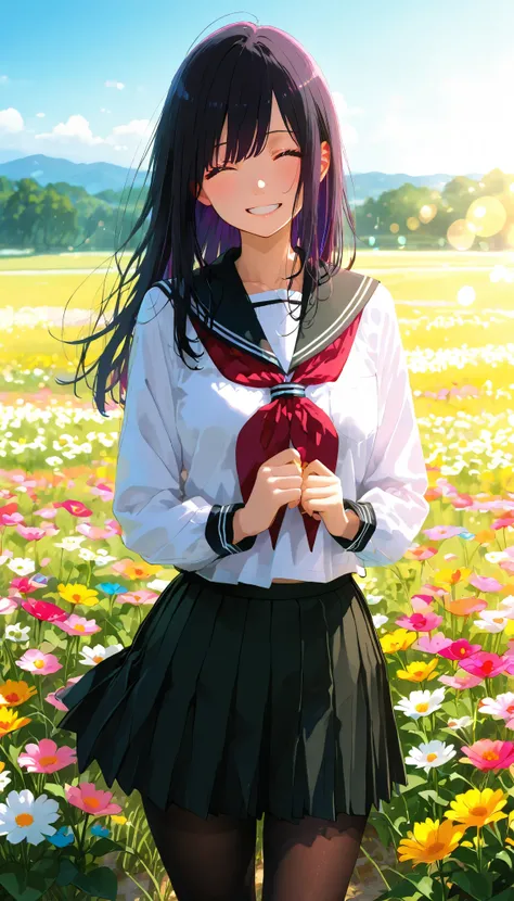 (masterpiece, best quality, illustration), anime girl, cute, solo, japanese school uniform, sailor uniform, skirt, 7/8 tights, black hair, long hair, smiling, gentle smile, soft smile, happy, detailed eyes, detailed face, flower field, field of flowers, fl...
