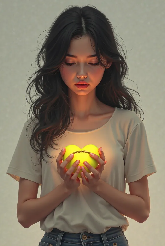 A girl with wavy black hair holding her hands a heart-shaped softball pressed against her heart