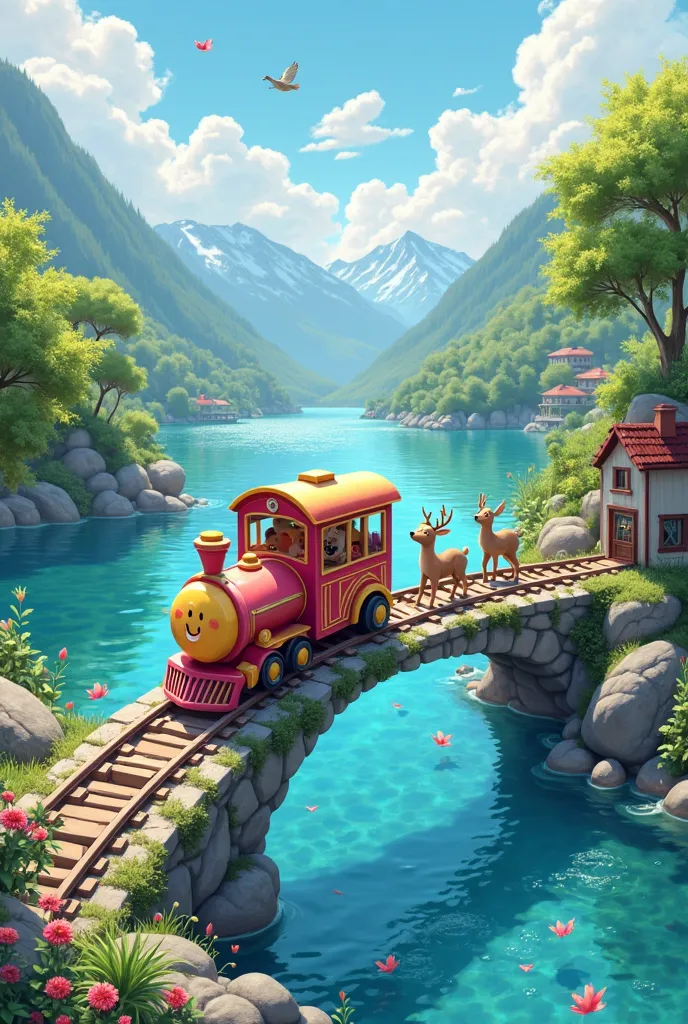 Here is a detailed prompt based on your description:  

"A colorful mini train with vibrant, eye-catching colors and a cute, cartoonish face on the front is joyfully moving along the tracks built over clear, crystal-blue water. The train appears cheerful a...