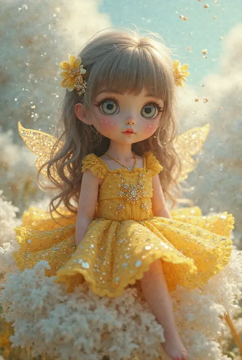 Adorable girl unrealistic 3D image long hair light brown bangs big gray eyes yellow dresses with shiny silver particles sitting on giant dandelion shiny wings with shiny silver particles 