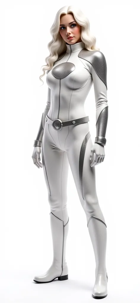 A beautiful and gorgeous white hair female hero wearing leather white and silver honeycomb textured tight fit leather spandex costume. White gloves and belt and boots.. hero suit with silver cloud symbol on his chest,standing in a super hero pose,high qual...