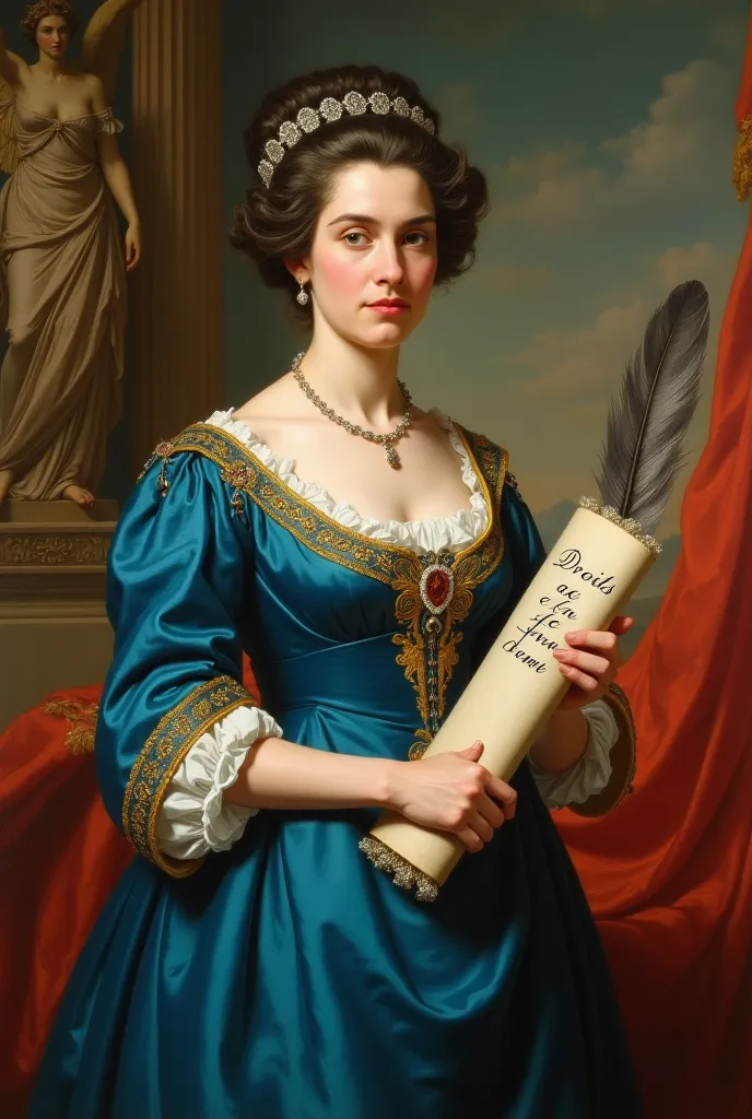 A heroic portrait of Olympe de Gouges in a neoclassical style inspired by the painting of Jacques-Louis David. She stands with a determined look, holding in one hand a scroll with the inscription 'Droits de la Femme' (women's rights), and in the other, a f...