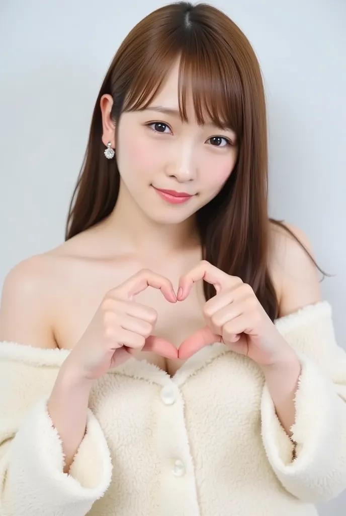 is cute,  fluffy off-shoulder pajamas,  make a big heart with both hands ,  Pose with your arms in front of your chest, View above the collarbone、  has a monotone background  

