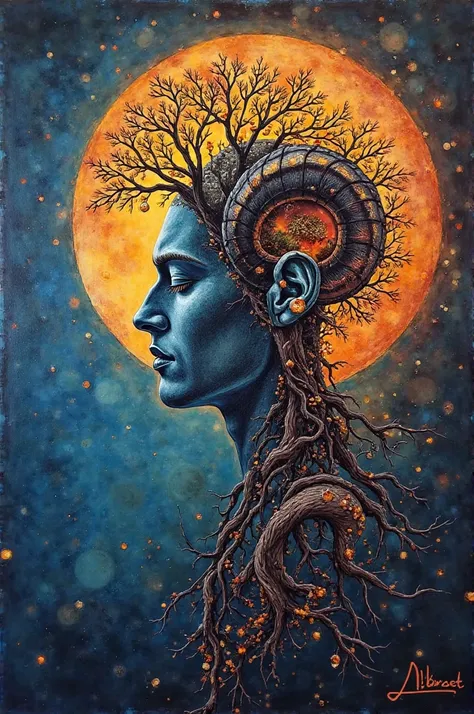 Tree of life ram tattoo a painting of a man's face with a tree and moon in the background, psytrance artwork, 🪔 🎨;🌞🌄, michael page, shamanistic clothes, !!natural beauty!!, beautiful avatar pictures, imagination cosmic dream, the bodhi tree at sunset, nigt...