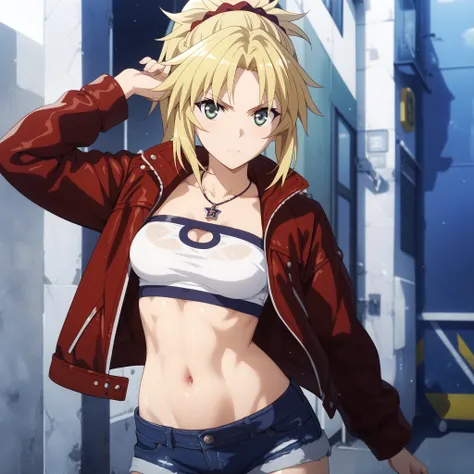mordred, green eyes, blonde hair, ponytail, short hair, scrunchie, red scrunchie, hair scrunchie, medium breasts, denim, denim shorts, jacket, jewelry, midriff, navel, necklace, red jacket, short shorts, shorts, tube top, white top, glossy skin, glistening...