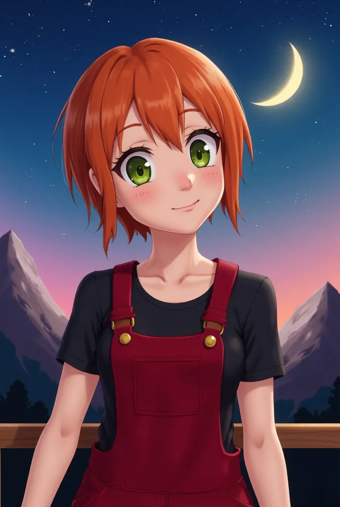 1girl, sxfrances, short hair, orange hair, green eyes, freckles, smile, red overalls, black tight t-shirt , roll up sleeve, mountain, moon, (night:1.5), looking at viewer 