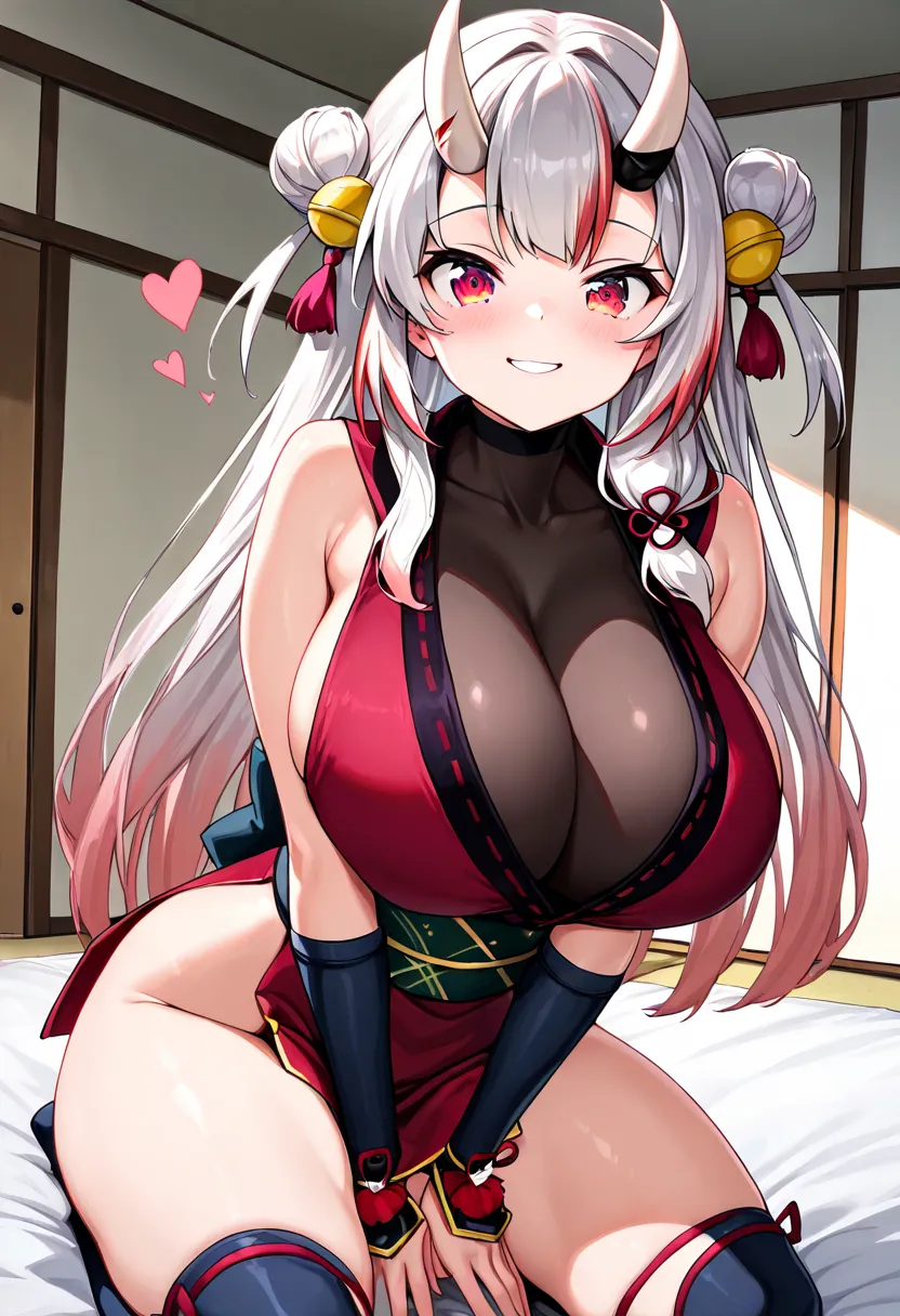 (Highest quality , 8k , masterpiece , incredibly absurdres , perfect body , super detailed skin , highly detailed eyes and face , 1 woman ) ,  nakiri ayame , Silver Hair , red eyes , demon horn , smile ,  will be happy , ( ninja , sleeveless, Heart, japane...