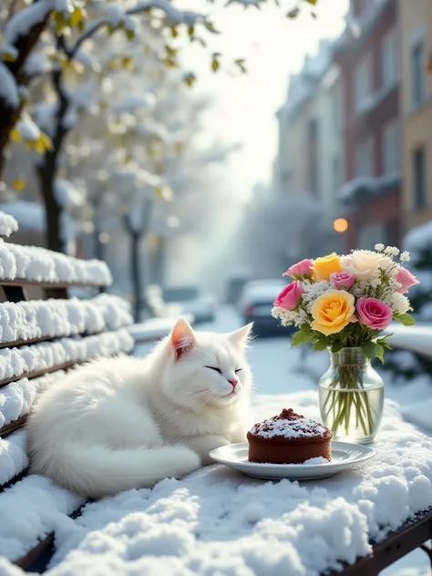 In the foreground, a white fluffy cat is sleeping on a snow-covered bench, , there is a plate of chocolate soufflé and a vase of flowers next to each other on a bench, in the background a city without snow, trees with green leaves,  sunny morning,high reso...