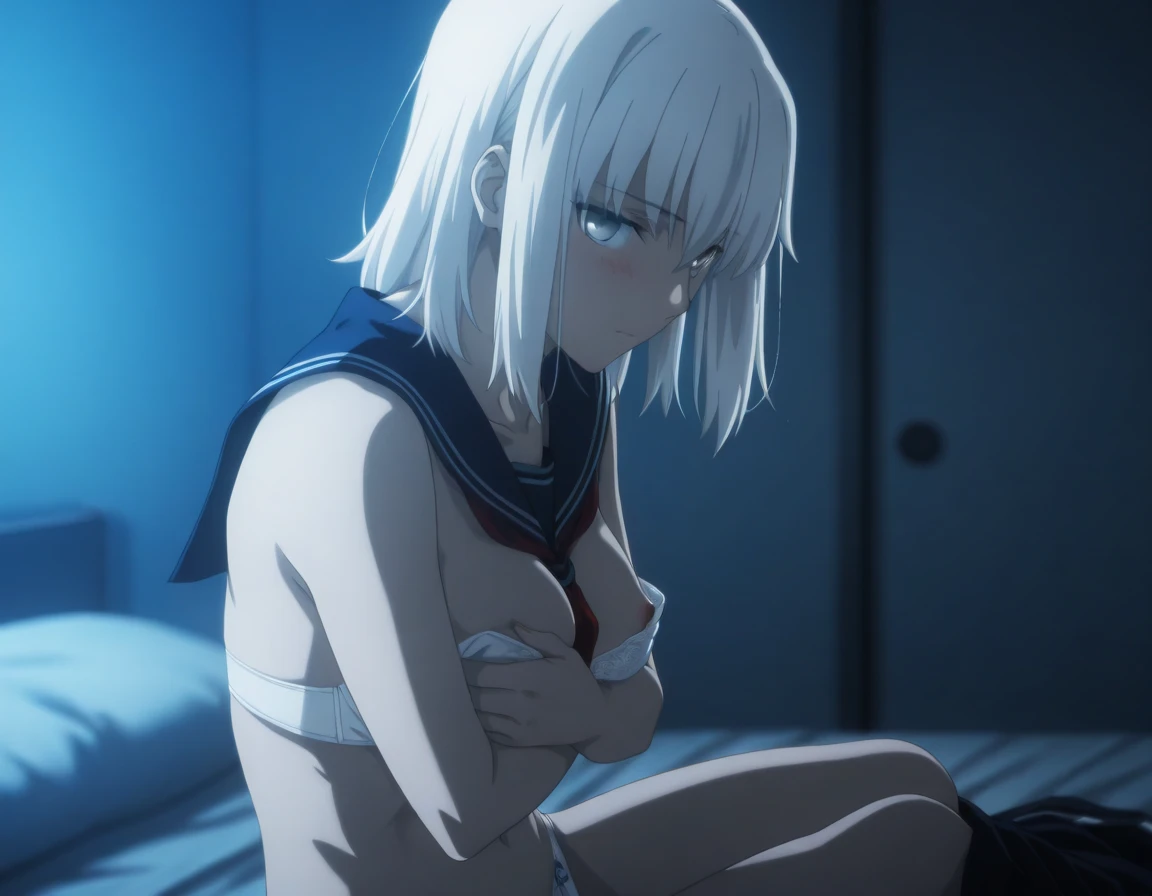 masterpiece, best quality, amazing quality, highres, absurdres, very aesthetic, high resolution, ultra detailed, perfect details, midnight, upper body,  , indoors, ufotable style, from side, blue hour,
 
1girl, ufotable style, anime style,  (anime coloring...