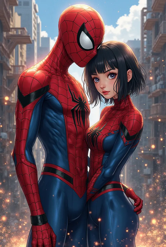 Mary Jane with black hair and bangs next to Spider-Man Anime effect