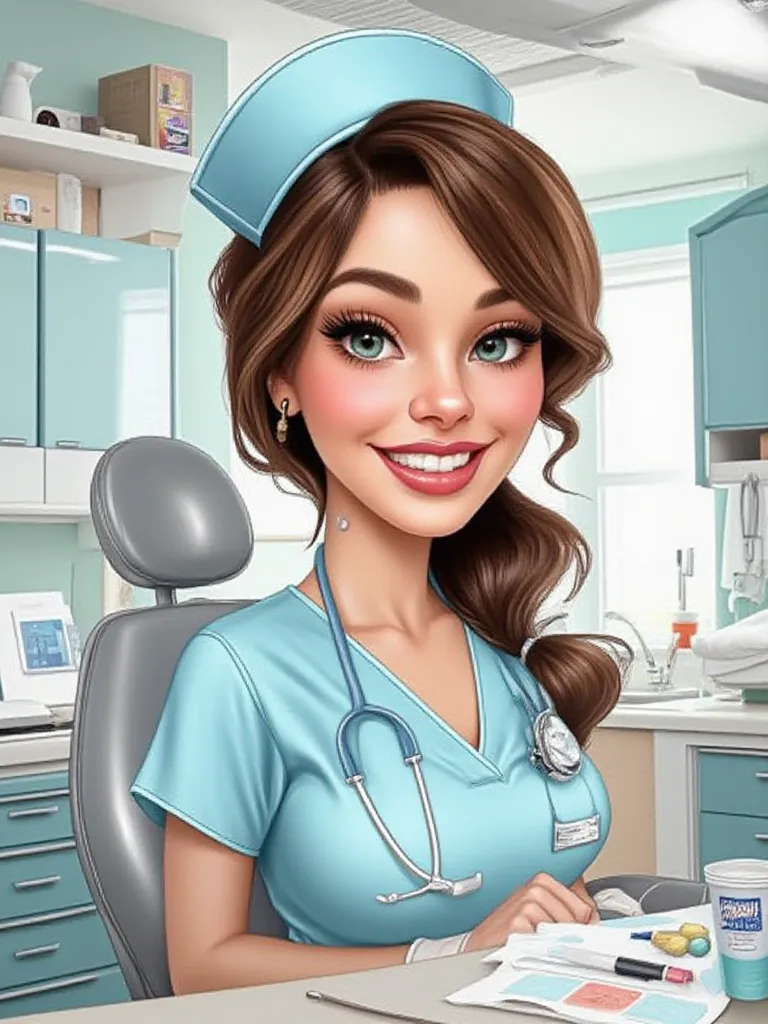 cartoon nurse with a dental chair and a table, dentist, caricature style, caricature illustration, colorful digital illustration, in cartoon style, caricature, caricature!!!, caricature, professional illustration, cartoon portrait, caricature, cartoon styl...