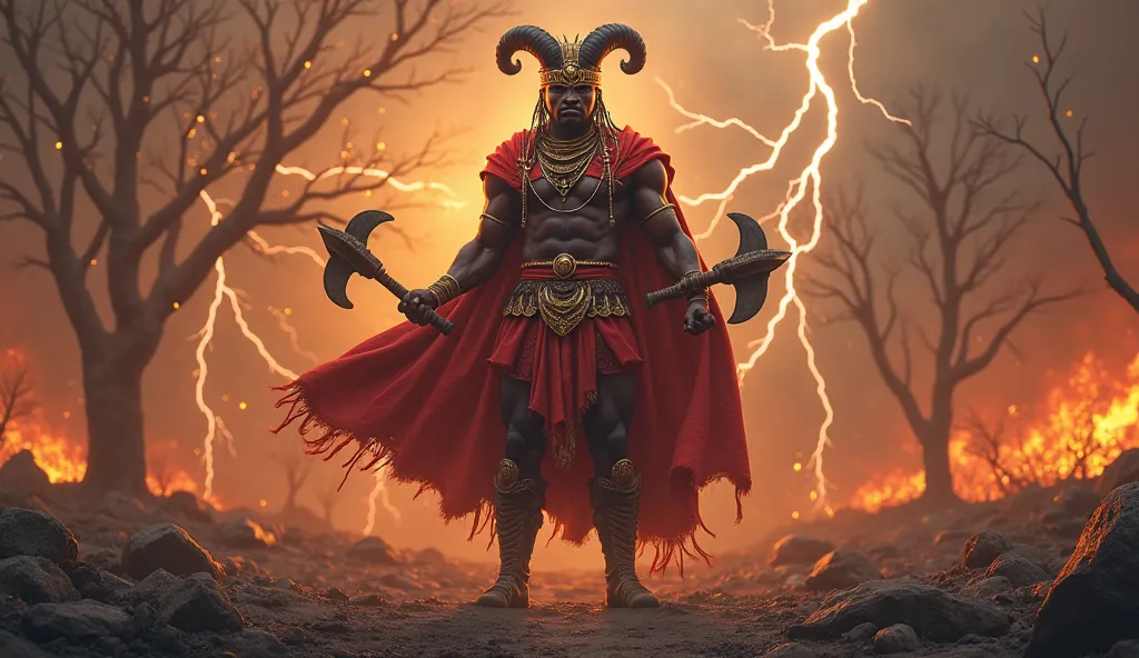 A desolate battlefield with charred trees and smoldering rocks. A Xango, a dark-skinned African god, ShirtleSS,  power with strong traits and an intense gaze , wearing a red cape with gold details and a red and gold crown.  Holding a two-bladed axe in each...