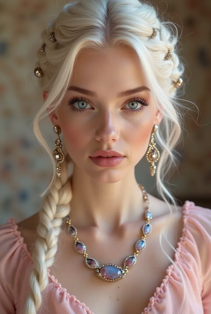 Hyperrealism 1;2), slim women light blonde platinum blonde hair with eye-catching grid braid hairstyle with hair accessories. Ultra high definition, 8k, perfect eyes, highly detailed beautiful expressive eyes, detailed eyes, 90mm photograph, bokeh, profess...