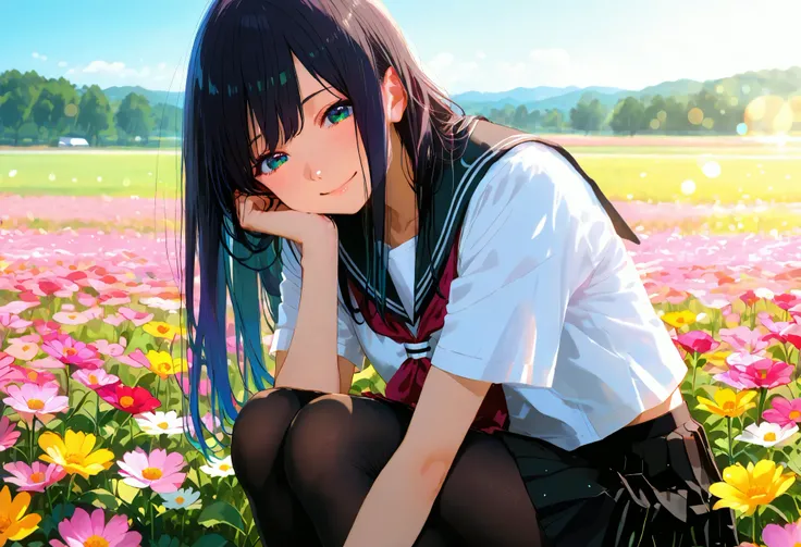 (masterpiece, best quality, illustration), young anime girl, cute, solo, japanese school uniform, sailor uniform, skirt, 7/8 tights, black hair, long hair, smiling, gentle smile, soft smile, happy, (young face:1.3), (like features:1.2), (small build:1.1), ...