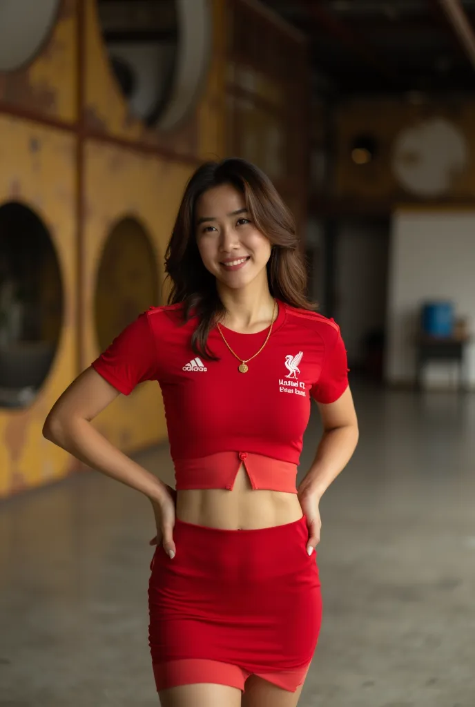 A 20-year-old Asian woman with long, dark brown, slightly wavy hair. She wears a red, sporty, tight-fitting Liverpool FC uniform with red stripes on her shoulders and waist. The tight-fitting outfit has a high slit at the midsection and a white Adidas logo...