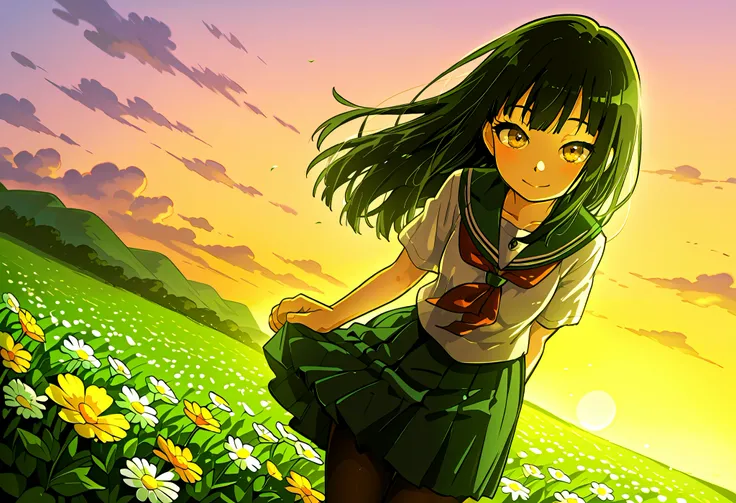 (masterpiece, best quality, illustration), young anime girl, cute, solo, japanese school uniform, sailor uniform, skirt, 7/8 tights, black hair, long hair, smiling, gentle smile, soft smile, happy, (young face:1.3), (like features:1.2), (small build:1.1), ...