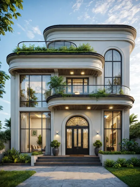 exterior of indochine villa, streetcapes, clear sky, few cloud, interior warm lighting, morning sunlight,minimalist landscaping, featuring lush greenery, textured walls, and natural materials. The villa is set under a blue sky with scattered clouds, casti...