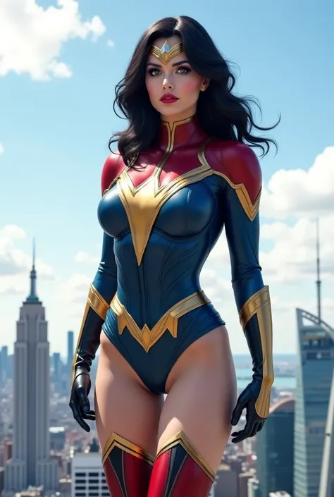 Very realistic comic black and white color beautiful fitness shazam girl mary marvel invulnerable black hair 
 Very short blue eyes boots fangs fitness mini skirts stockings muscled big boobs big butts tall and very very fat lift a huge skyscraper from the...