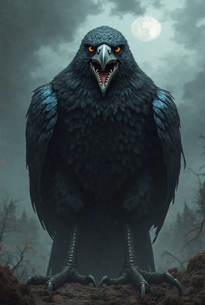 Muscular crow with a creepy smile and eyes of hate 