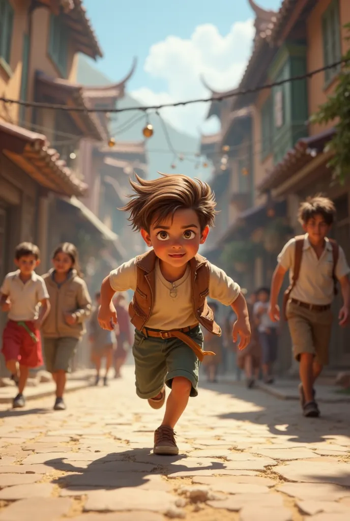 Can you draw a brown-haired boy running through the center of a village while there are adults, But that the  does not see me directly 