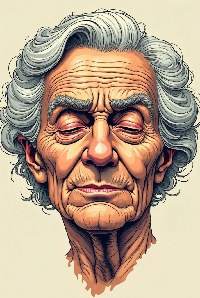 Create very high quality image, in drawing, Old comic book style, With a serious tone for motivational videos: a face at just two ages, the same face, , half of which is 95 years old and the other at just 20 years old, eyes closed, the youthful face showin...