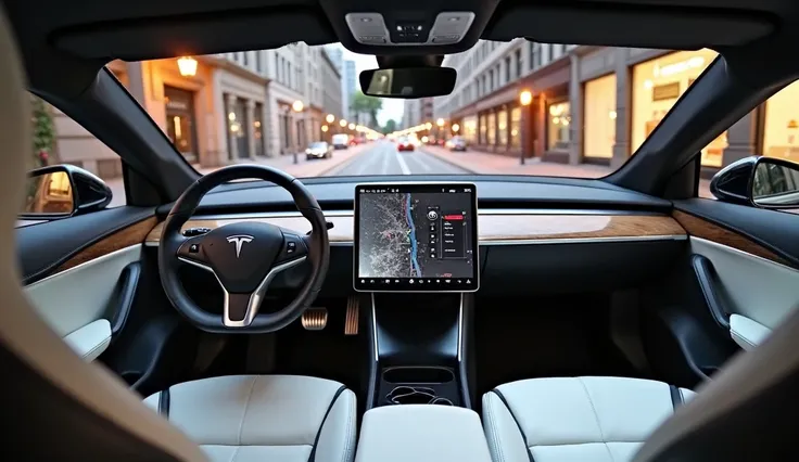 5The image shows the interior of a luxury car, specifically the driver's seat and dashboard. The car has a Tesla Model S  modern design with a black color scheme, seat color black. The steering wheel is in the center of the image, with the  logo in the top...