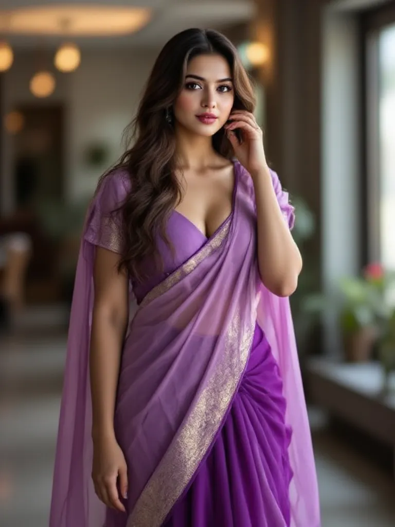 South Indian Girl, wearing purple transparent saree and blouse bra visible, oversized blouse, erotic, seducing, saree, unbutton blouse, sexy facial expressions , indian traditional outfits, living room, closeup photography, prime lens cinematic, profession...