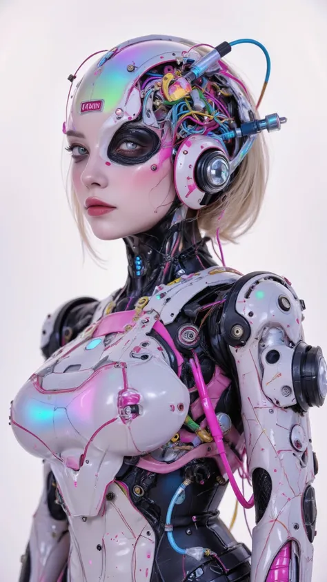 nice photo of a female cyborg, future, nice, is dazzling, attractive, flashy, upper body, Quirky, Adult face, full shot, Strong Makeup, cyborgized brains, colorful, Wonderful, robot head is smooth and glossy like ceramic, detailed, stand out, The robot's h...