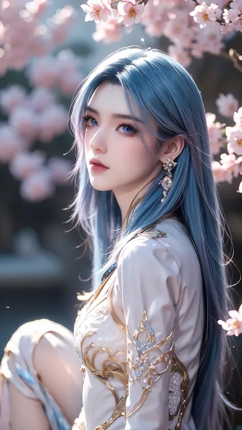 1girl, solo, blue hair, wearing black blue and white clothes, brown eyes, looking at the viewer, lips, full body, closed mouth, earrings, long sleeves, river, Sakura tree behind, 