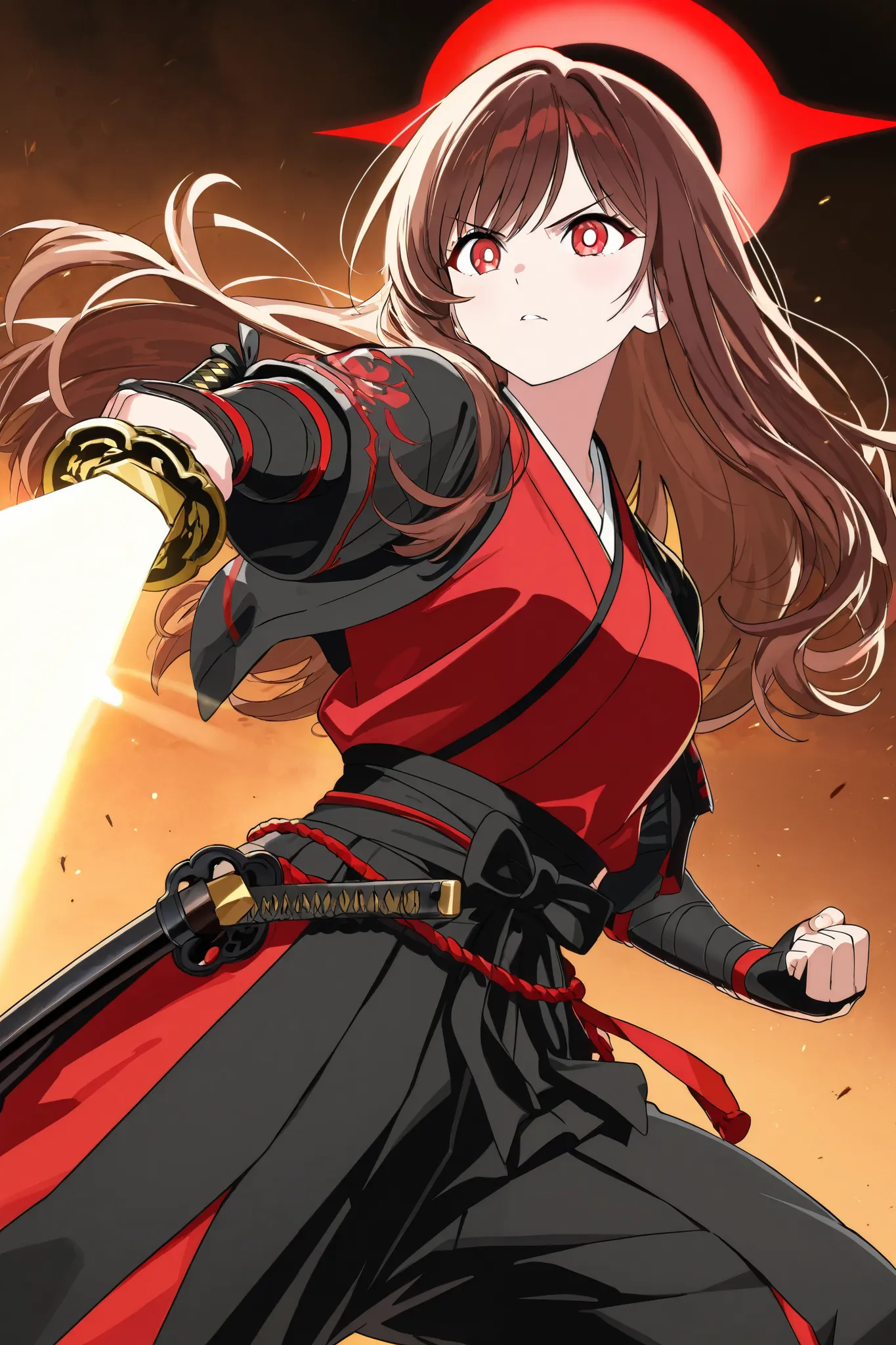 1 girl, Hair length reaches back, Brown hair and red hair on the edges of the hair, red eyes, but not bright, wear a samurai outfit, หน้าอกไซส์ปานกลาง, have a red halo